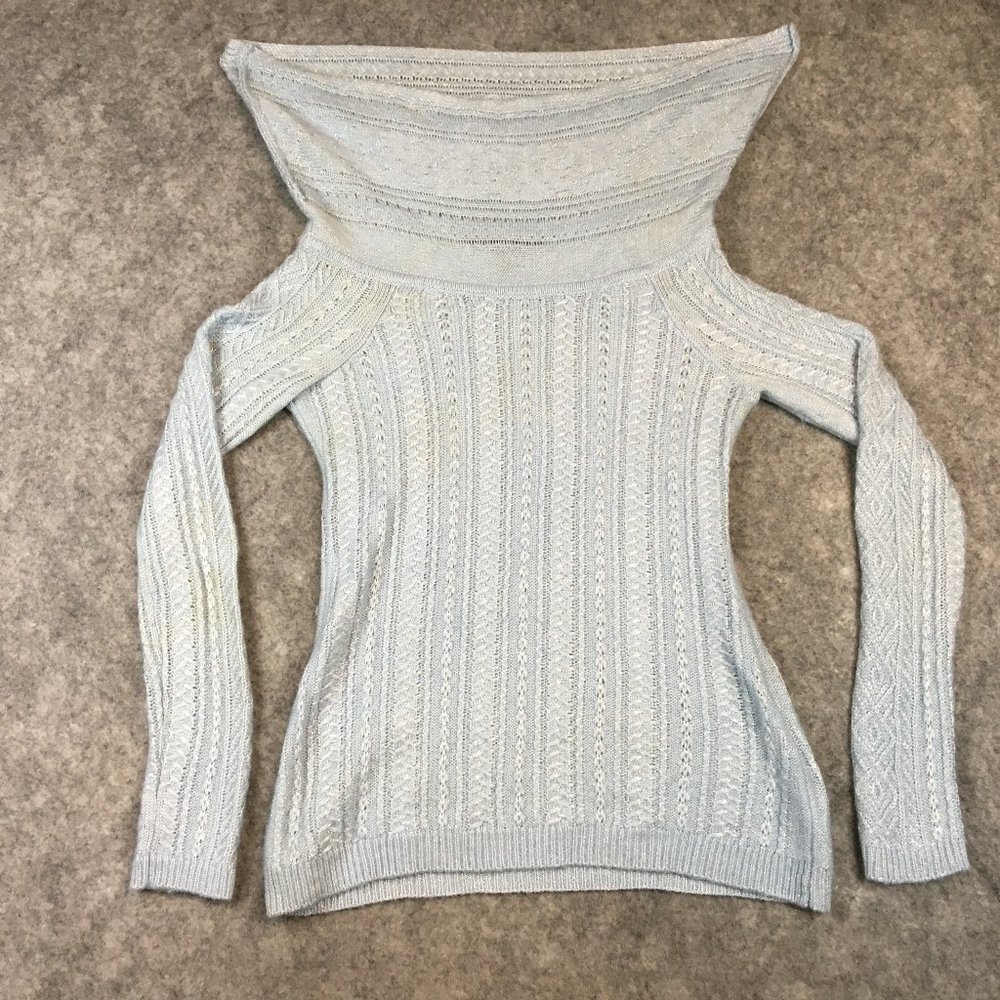 White House Black Market Sweater XS Wool Blend Cable Knit Cowl Neck Gray Funnel